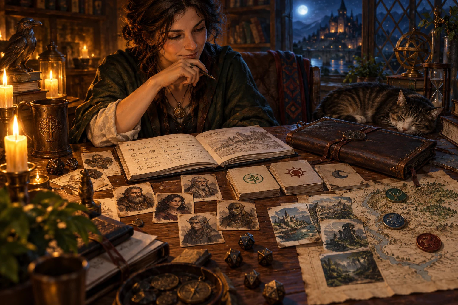 Fantasy illustration of a game master reviewing thread cards, portraits and campaign notes after a tabletop session