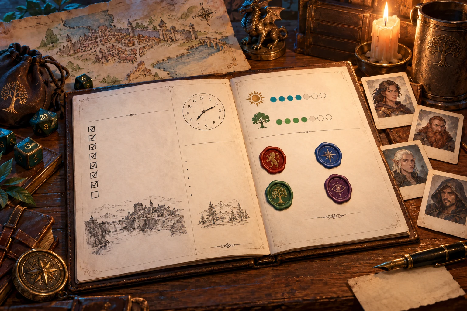 Fantasy illustration of a paper report folio with checkboxes, a clock dial, marker tracks and faction seals