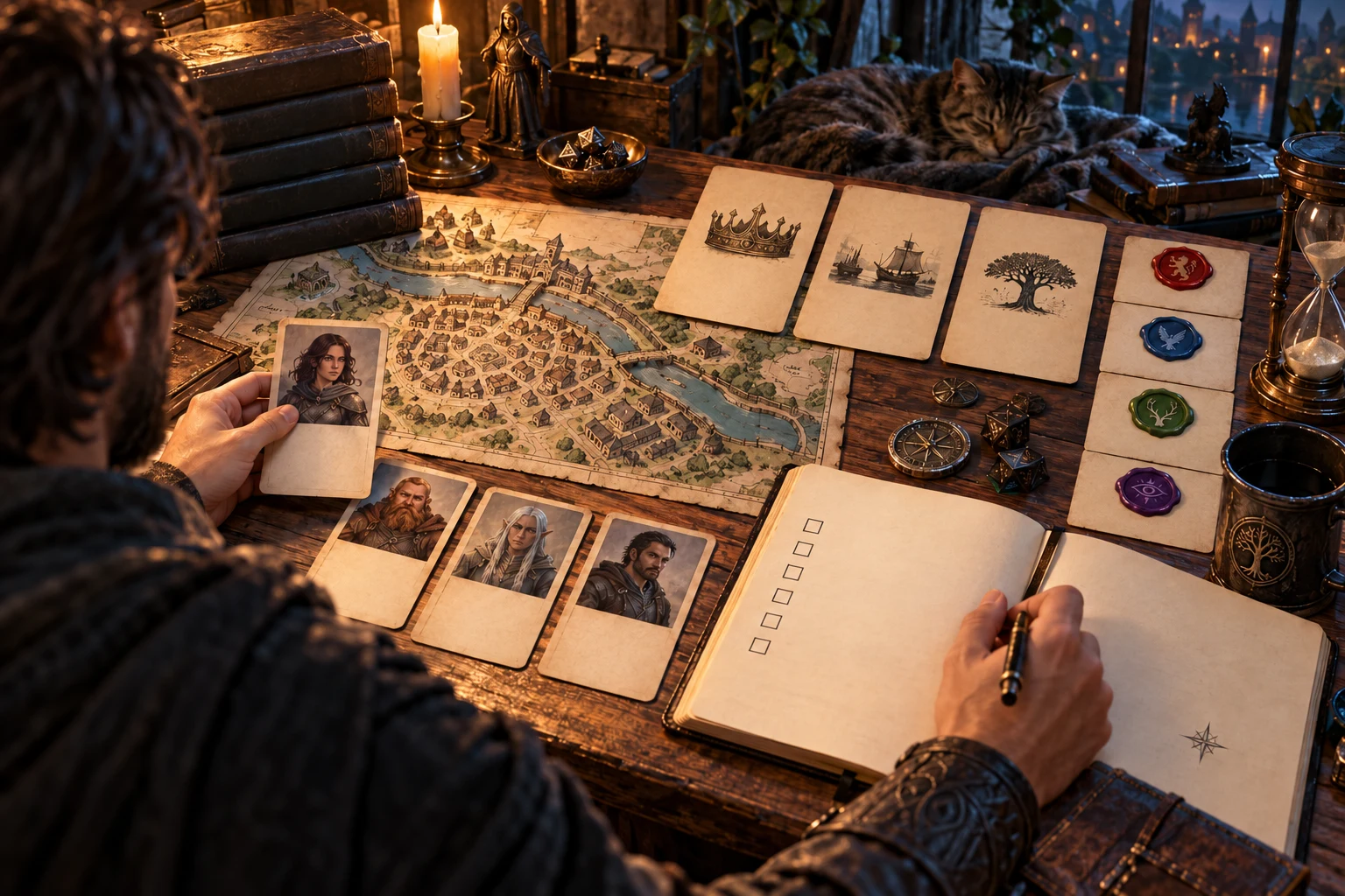 Fantasy illustration of a game master arranging a town map, portrait cards and a planning checklist